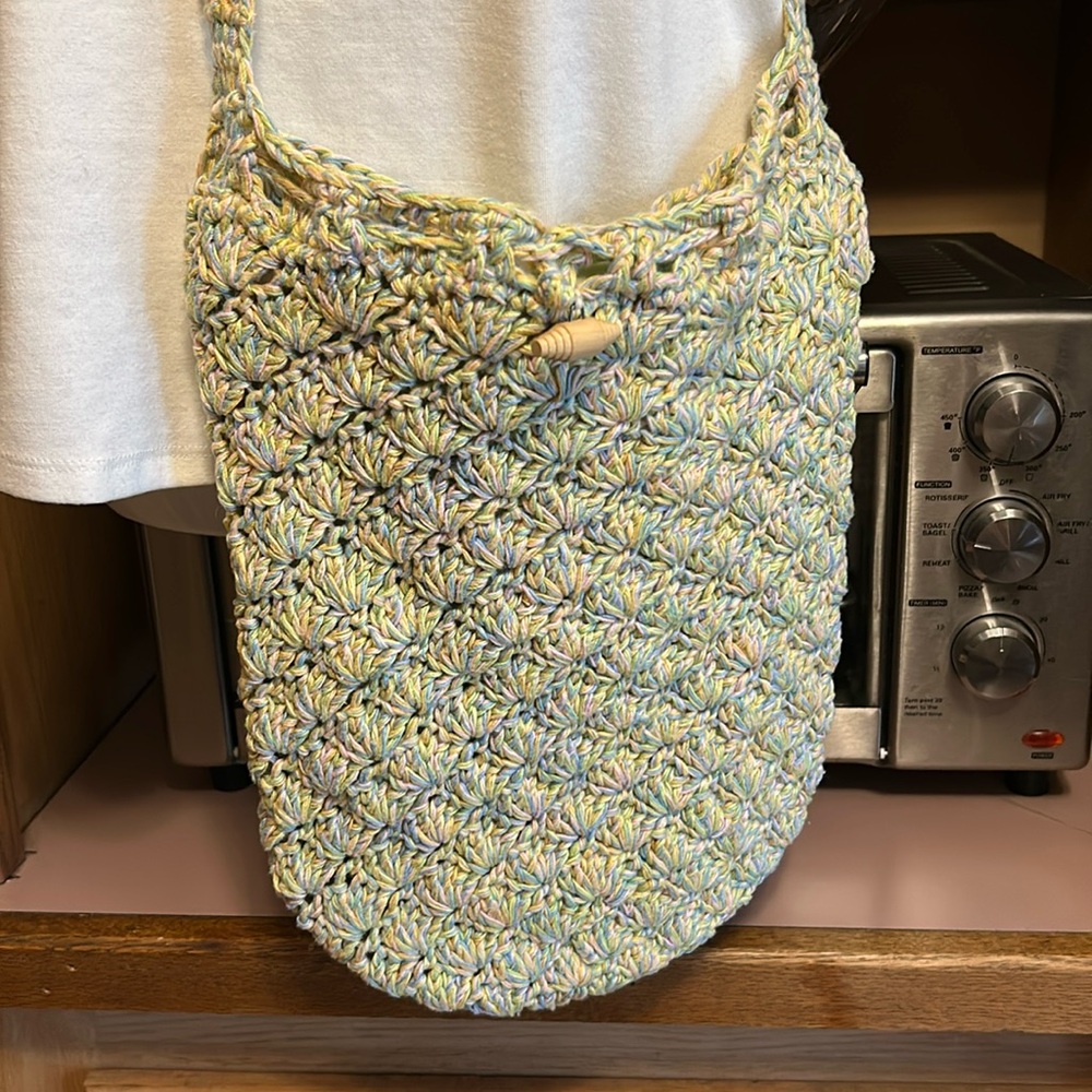 Handcrafted Cross Body Crochet Woven Shoulder Bag - Green Blue Pink and Yellow - Picture 8 of 10